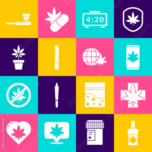 Set Marijuana or cannabis olive oil, Medical marijuana leaf, Mobile and, Digital alarm clock, joint, plant, Smoking pipe and Legalize globe icon. Vector