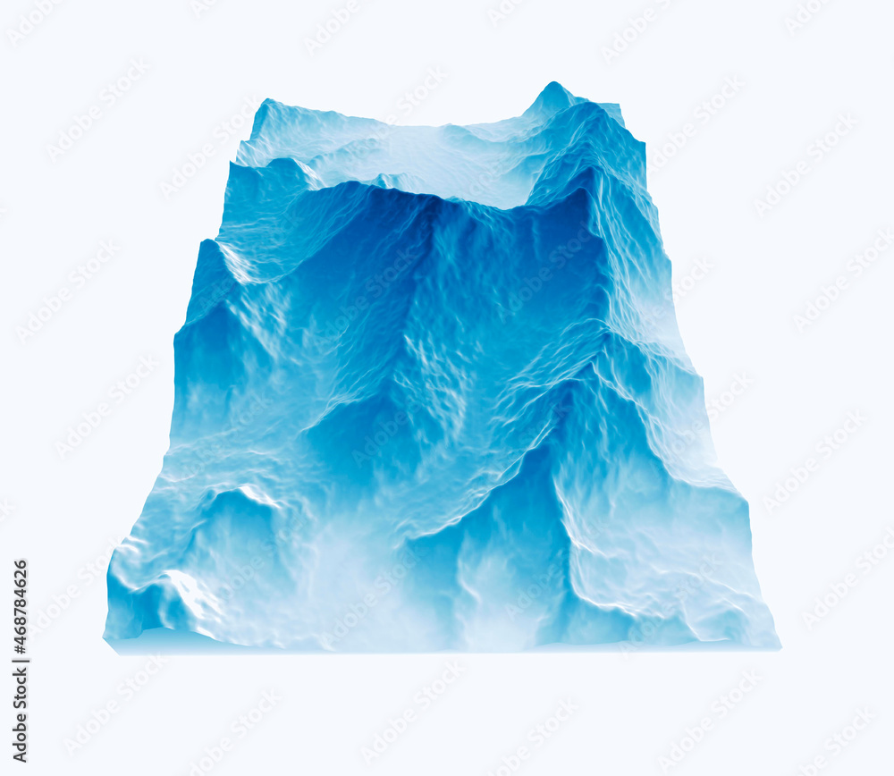 Satellite view of Mount Everest, Lhotse I, Nuptse, base camps for the ascent to the mountains of the Himalayas, on the border between Nepal and China. Section, 3d rendering. East side view Satellite view of Mount Everest, Lhotse I, Nuptse, base camps for the ascent to the mountains of the Himalayas, on the border between Nepal and China. Section, 3d rendering. East side view