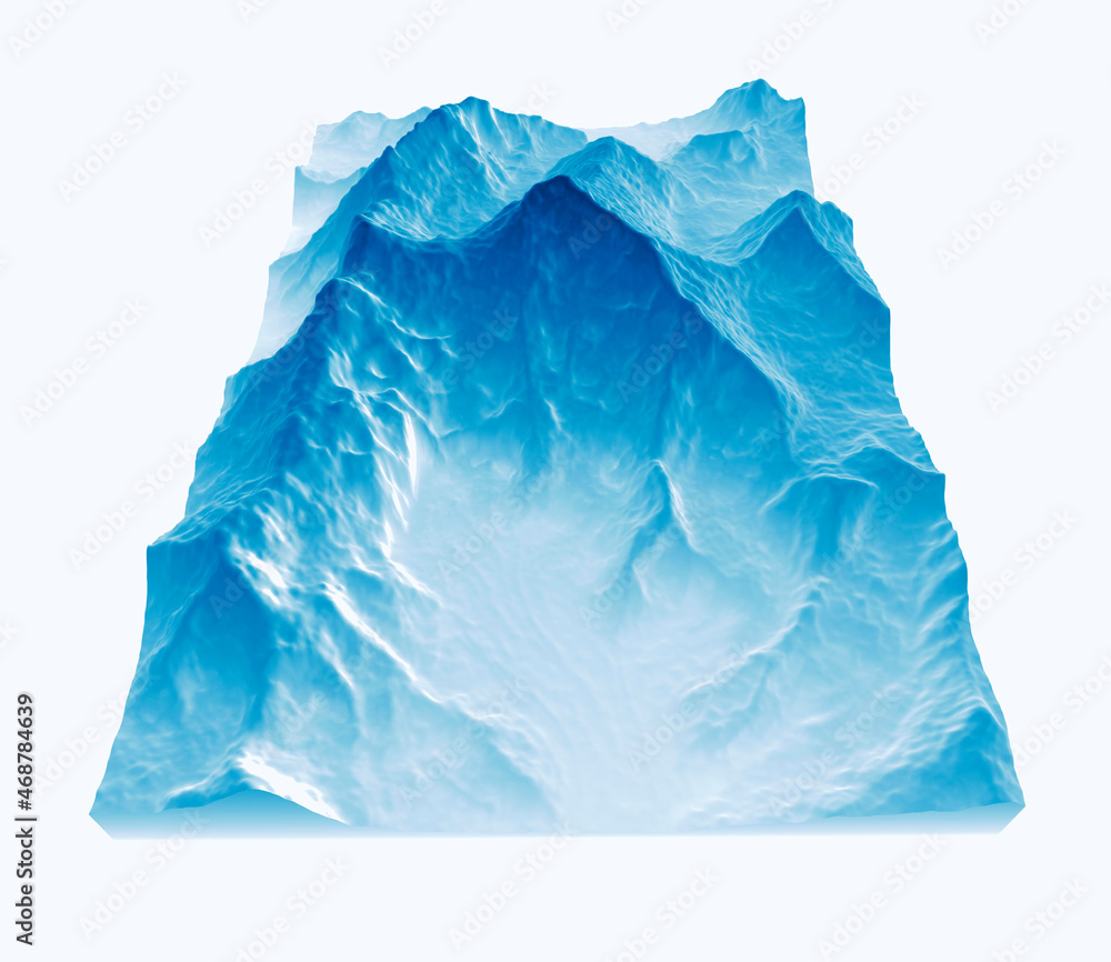 Satellite view of Mount Everest, Lhotse I, Nuptse, base camps for the ascent to the mountains of the Himalayas, on the border between Nepal and China. Section, 3d rendering. West side view
