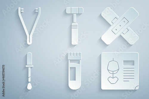 Set Test tube with blood, Crossed bandage plaster, Pipette, X-ray shots, Neurology reflex hammer and Medical tweezers icon. Vector