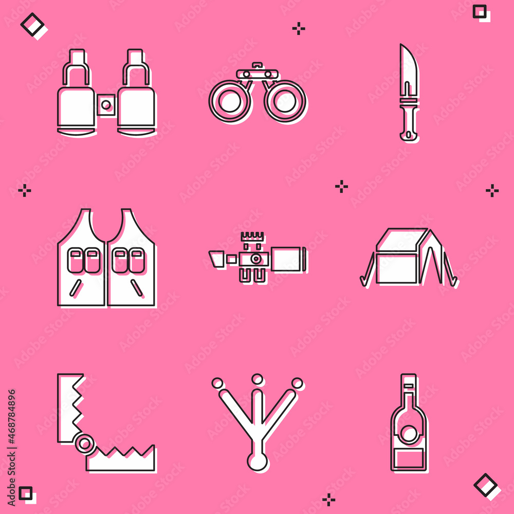 Set Binoculars, Hunter knife, Hunting jacket, Sniper optical sight, Tourist tent, Trap hunting and Bird footprint icon. Vector Set Binoculars, Hunter knife, Hunting jacket, Sniper optical sight, Tourist tent, Trap hunting and Bird footprint icon. Vector