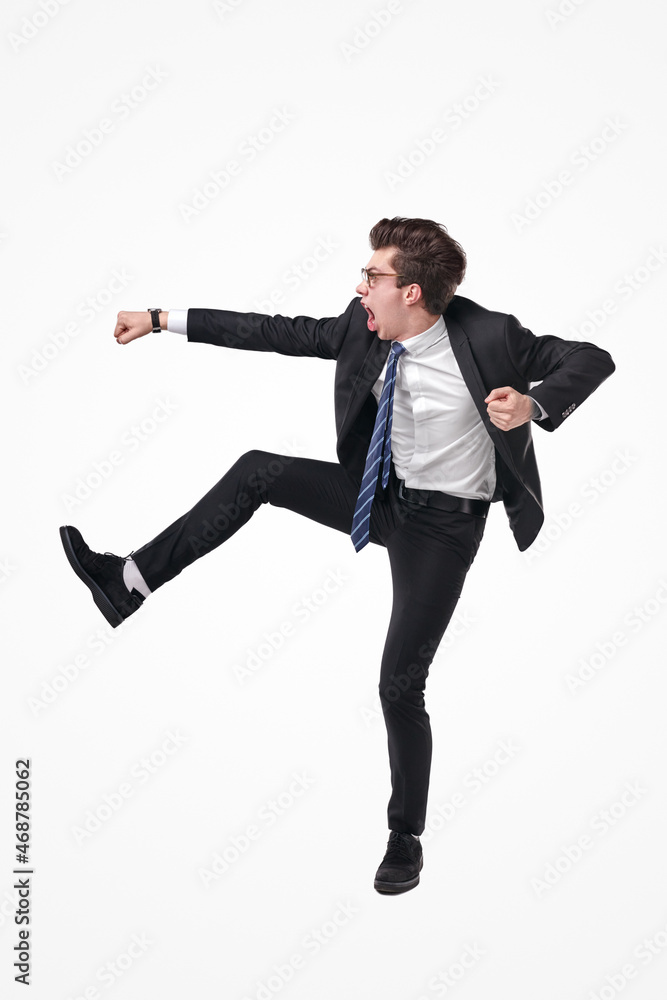 Funny ambitious businessman on white background