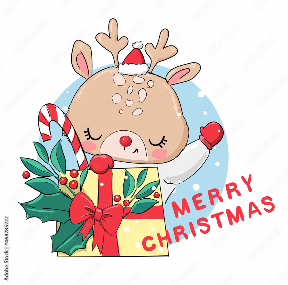 Naklejka premium Hand Drawn Cute Little Deer and a Christmas gift. Print design. Vector Illustration.