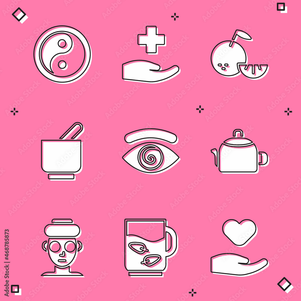 Set Yin Yang, Cross hospital medical, Citrus fruit, Mortar and pestle, Hypnosis, Kettle with handle, Facial cosmetic mask and Cup of tea leaf icon. Vector