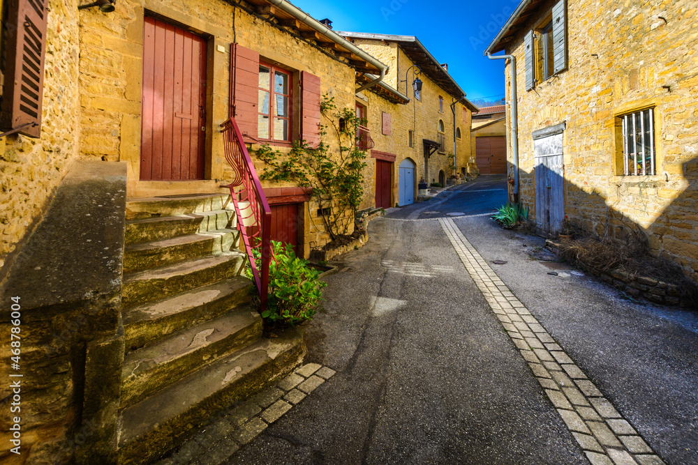Small road in Theizé village in Beaujolais