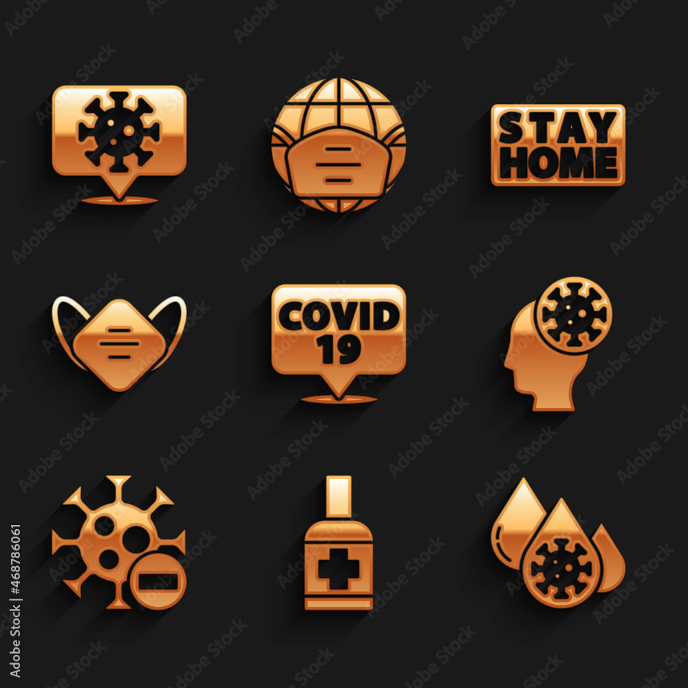 Set Corona virus on location, Liquid antibacterial soap, Blood test and, Human, Negative, Medical protective mask, Stay home and icon. Vector Set Corona virus on location, Liquid antibacterial soap, Blood test and, Human, Negative, Medical protective mask, Stay home and icon. Vector