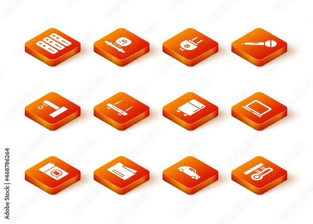 Set Photo camera, Printer, Water tap, Router and wi-fi signal, Car, Refrigerator, Meteorology thermometer and Laptop icon. Vector Set Photo camera, Printer, Water tap, Router and wi-fi signal, Car, Refrigerator, Meteorology thermometer and Laptop icon. Vector