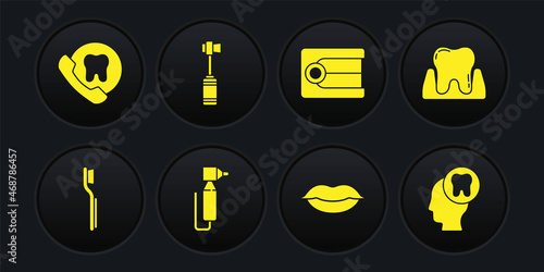 Set Toothbrush, drill, Smiling lips, Dentures model, Human head with tooth and Online dental care icon. Vector