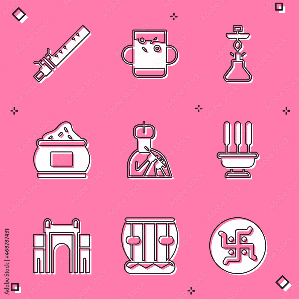 Set Bamboo flute indian, Cup of tea and leaf, Hookah, Indian spice, man plays, Incense sticks, Gate Delhi and Instrument tabla icon. Vector Set Bamboo flute indian, Cup of tea and leaf, Hookah, Indian spice, man plays, Incense sticks, Gate Delhi and Instrument tabla icon. Vector