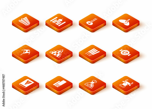 Set India constitution day, Indian textile fabric, Kite, Yagna, man plays flute, Aroma sticks, incense, Cow and Chicken tikka masala icon. Vector