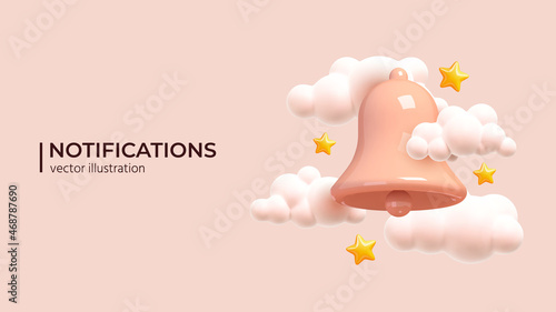 Notification message bell icon alert and alarm icon. Bell notification Icon with gently pink clouds and stars in trandy colors. Realistic 3d object. 3d vector illustration.