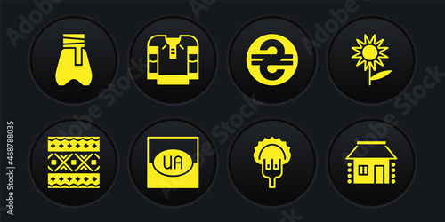 Set Ukrainian ethnic pattern, Sunflower, Flag of Ukraine, Dumplings on fork, hryvnia, Embroidered shirt, house and Cossack pants icon. Vector