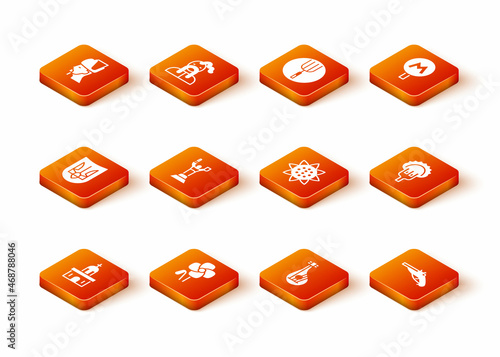 Set Church building, Poppy flower, Ukrainian trident, Mother Motherland monument, Bandura, Sunflower, Vintage pistols and Dumplings fork icon. Vector