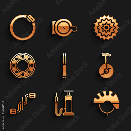 Set Screwdriver, Bicycle air pump, helmet, Unicycle or one wheel bicycle, pedals, ball bearing, cassette and brake disc icon. Vector