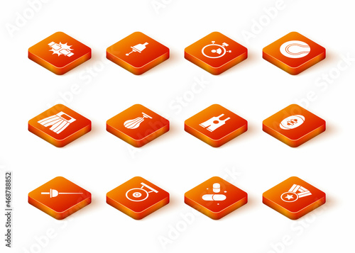 Set Fencing, Gong, Boxing short, Punching bag, Vitamin pill, Wrestling singlet, Medal and American Football ball icon. Vector
