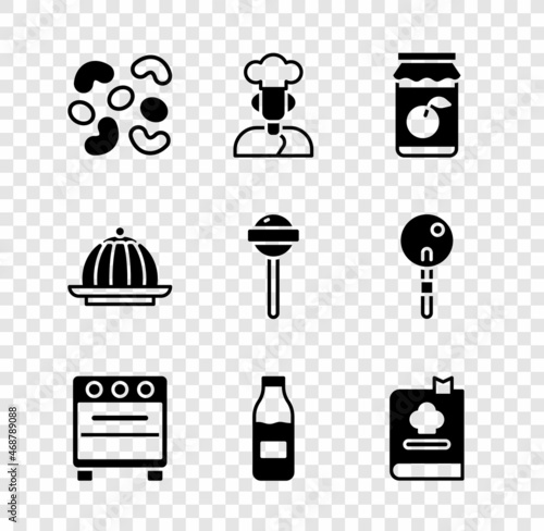 Set Jelly candy, Cook, Jam jar, Oven, Bottle with milk, Cookbook, Pudding custard and Lollipop icon. Vector