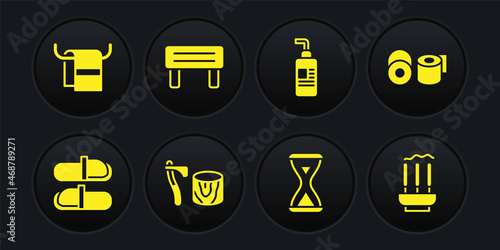 Set Sauna slippers, Toilet paper roll, Wooden axe in stump, hourglass, Cream or lotion cosmetic tube, wood bench, Incense sticks and Towel hanger icon. Vector