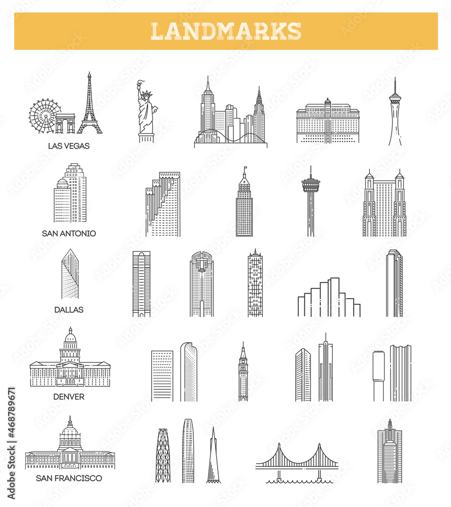 Simple linear Vector icon set representing global tourist american landmarks and travel destinations for vacations