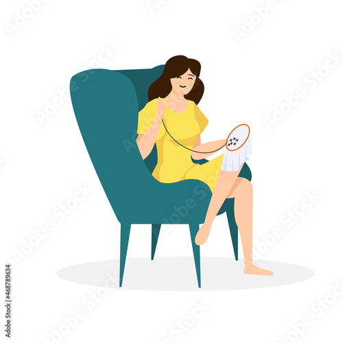 woman sitting at home and doing her favorite thing, cross-stitch, vector illustration