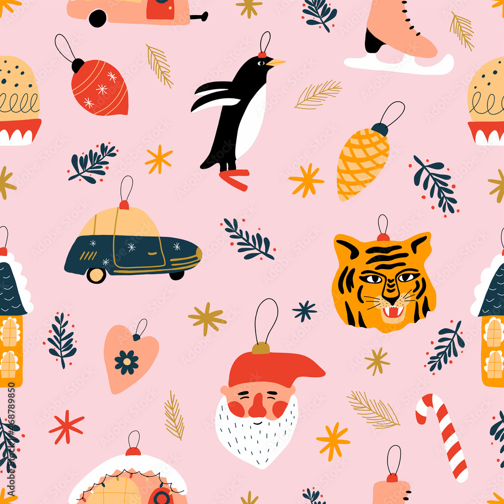 New year seamless pattern with cute funny Christmas toys. Tiger, car, Santa Claus and other Christmas toys. Background for gift wrapping or fabric design. Vector illustration.