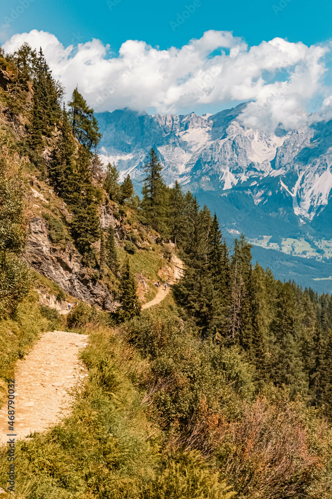 Obraz premium Beautiful alpine summer view with the famous Dachstein mountains in the background at the Reiteralm, Pichl, Schladming, Steiermark, Austria
