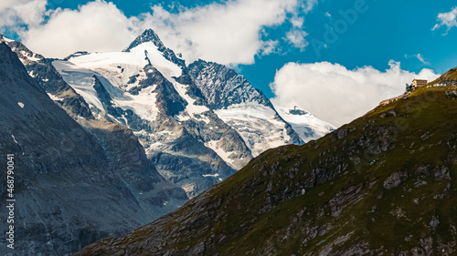Beautiful alpine summer view with the famous Grossglockner summit in the background at the famous Grossglockner high Alpine road, Kaernten, Salzburg, Austria