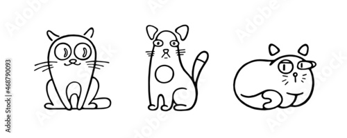 Cute and funny black and white vector kittens in abstract style. Funny and rounded shapes of animalistic cartoon cat or cat are universal for all occasions