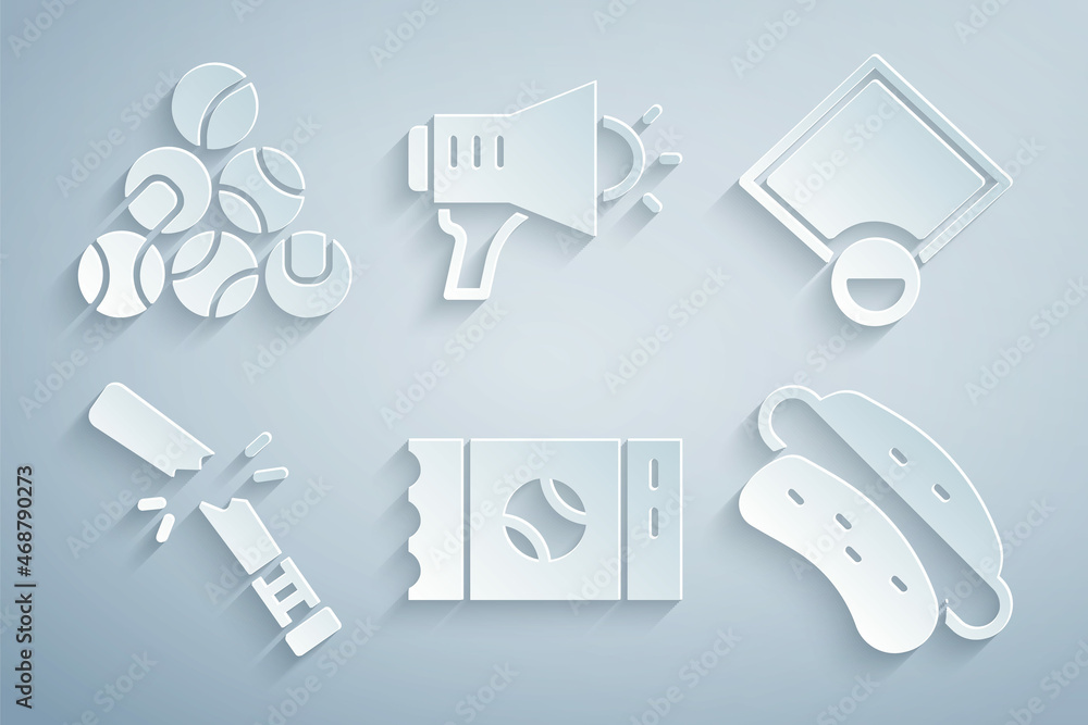 Set Baseball ticket, field, Broken baseball bat, Hotdog sandwich, Megaphone and icon. Vector Set Baseball ticket, field, Broken baseball bat, Hotdog sandwich, Megaphone and icon. Vector