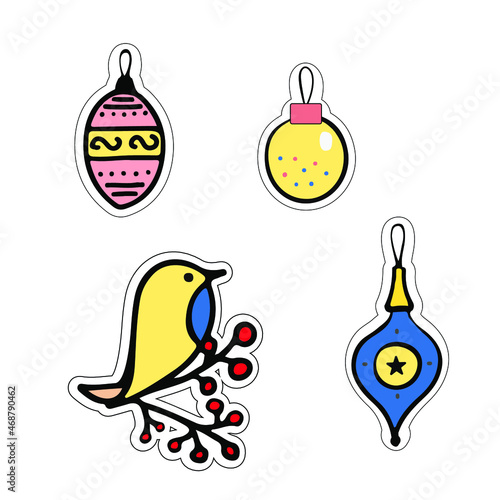 Cartoon stickers. Christmas decorative set of balls and winter bird