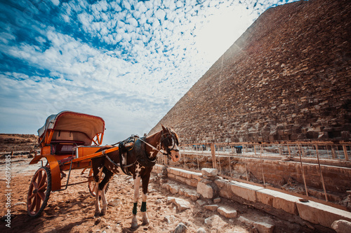 Horse-drawn vehicle near great pyramids in Egypt. Giza pyramid complex, also called Giza Necropolis, is site on Giza Plateau near Cairo, Egypt. Pyramids Khufu, Khafre and Menkaure