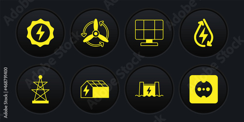 Set Electric tower, Water energy, Solar panel, Hydroelectric dam, Wind turbine, Electrical outlet and Lightning bolt icon. Vector