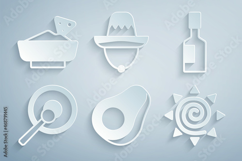 Set Avocado fruit, Tabasco sauce, Gong, Sun, Mexican sombrero and Nachos in bowl icon. Vector