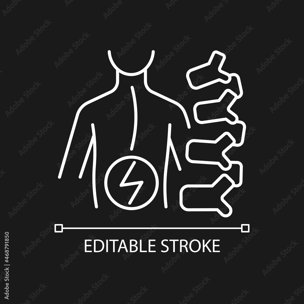 Degenerative scoliosis white linear icon for dark theme. Adult onset scoliosis. Spine curvature. Thin line customizable illustration. Isolated vector contour symbol for night mode. Editable stroke Degenerative scoliosis white linear icon for dark theme. Adult onset scoliosis. Spine curvature. Thin line customizable illustration. Isolated vector contour symbol for night mode. Editable stroke