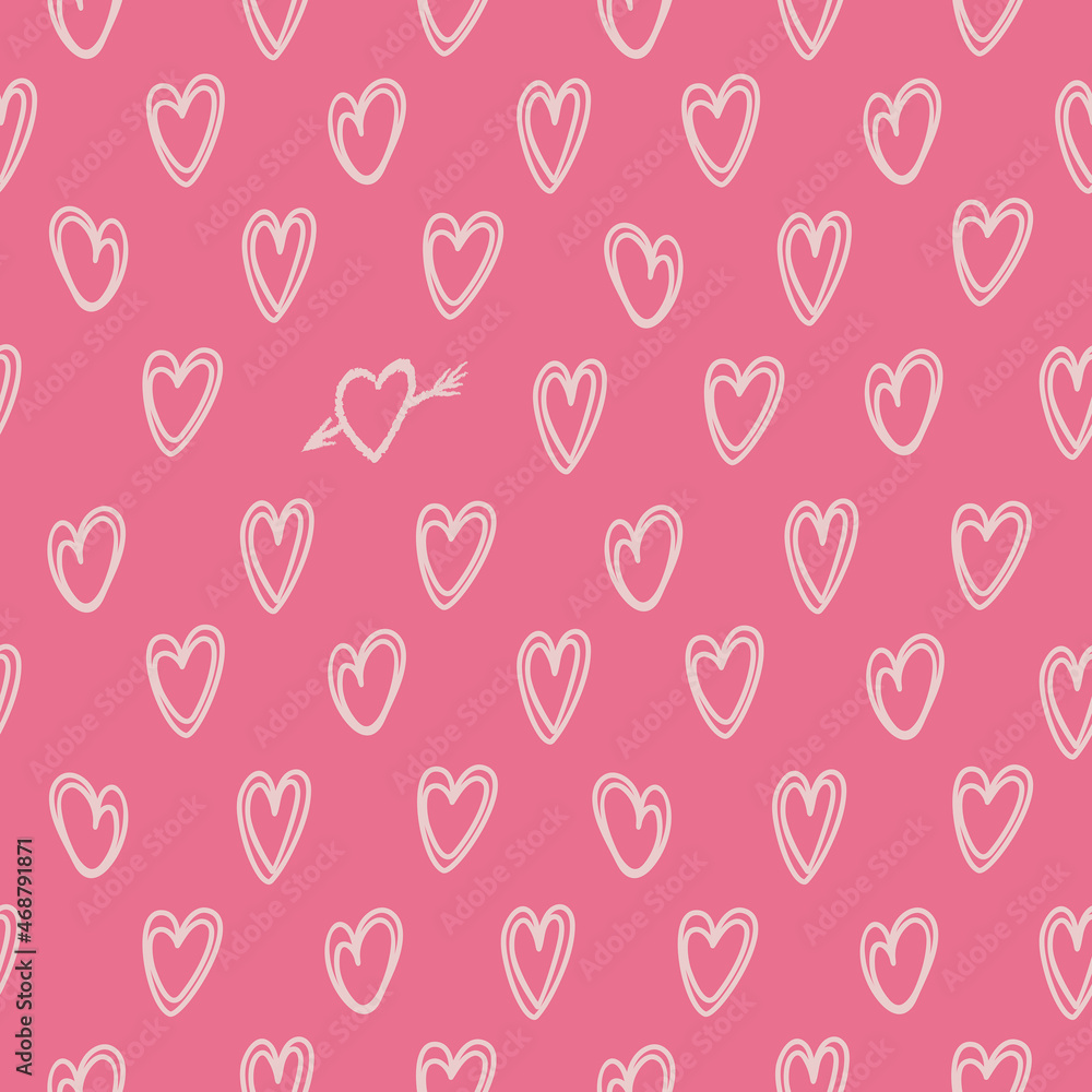 Hearts seamless pattern for valentines day. Loneliness concept. Bright vector illustration in hand drawn style. In pink monochrome tones. For wallpaper, printing on fabric, wrapping Hearts seamless pattern for valentines day. Loneliness concept. Bright vector illustration in hand drawn style. In pink monochrome tones. For wallpaper, printing on fabric, wrapping