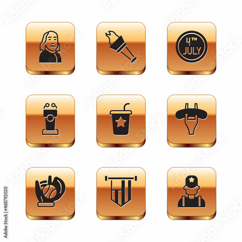 Set Benjamin Franklin, Baseball glove with ball, American flag, Paper glass straw, Stage stand or tribune, Calendar date July 4, Sheriff cowboy and Torch flame icon. Vector