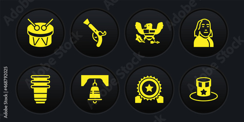 Set Paper glass, Benjamin Franklin, Liberty bell Philadelphia, Medal with star, Eagle, Vintage pistols, Patriotic American top hat and Drum and drum sticks icon. Vector
