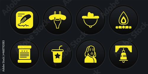 Set Declaration of independence, Campfire, Paper glass with straw, Benjamin Franklin, Western cowboy hat, Sausage the fork, Liberty bell Philadelphia and icon. Vector