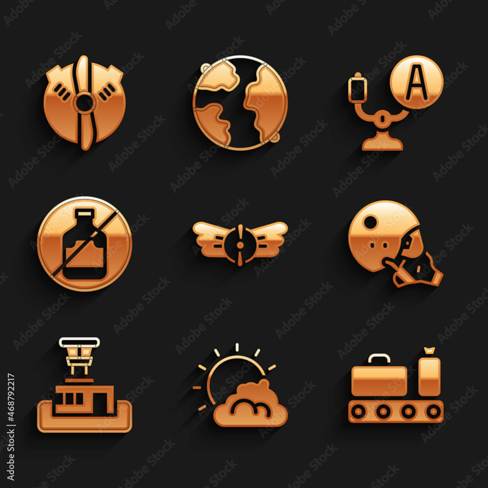 Set Aviation emblem, Sun and cloud weather, Conveyor belt with suitcase, Modern pilot helmet, Airport control tower, No alcohol, Aircraft steering and Plane propeller icon. Vector Set Aviation emblem, Sun and cloud weather, Conveyor belt with suitcase, Modern pilot helmet, Airport control tower, No alcohol, Aircraft steering and Plane propeller icon. Vector