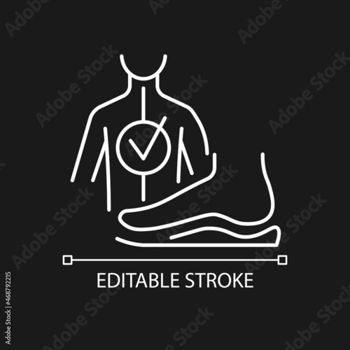 Orthotics white linear icon for dark theme. Foot orthoses. Foot pad. Scoliosis prevention. Thin line customizable illustration. Isolated vector contour symbol for night mode. Editable stroke