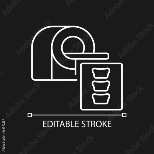 MRI scans white linear icon for dark theme. Disease testing procedure. Medical technology. Thin line customizable illustration. Isolated vector contour symbol for night mode. Editable stroke