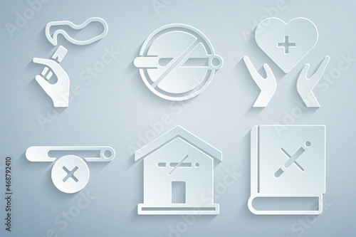 Set No smoking at home, Heart with cross, Book stop cigarette, and Hand icon. Vector