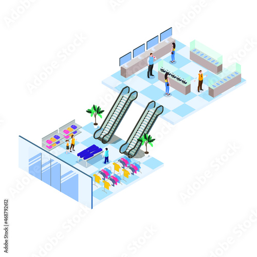 Shopping mall interior 3d isometric vector illustration concept for banner, website, landing page, ads, flyer template