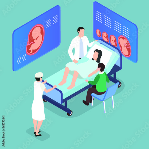 Childbirth in hospital. Doctor, nurse, mother to be and husband 3d isometric vector illustration concept for banner, website, landing page, ads, flyer template