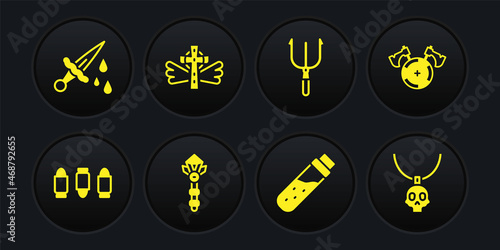 Set Bullet, Medieval shield with axe, Magic wand, Bottle potion, Neptune Trident, Christian cross, Necklace amulet and Sword blood icon. Vector