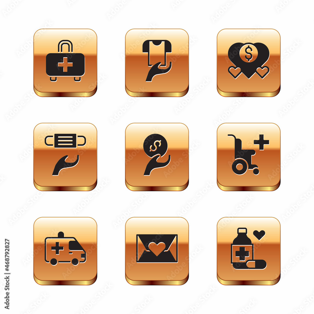 Set First aid kit, Ambulance car, Envelope with heart, Donation and charity, Medical protective mask, Medicine bottle pills and Clothes donation icon. Vector Set First aid kit, Ambulance car, Envelope with heart, Donation and charity, Medical protective mask, Medicine bottle pills and Clothes donation icon. Vector