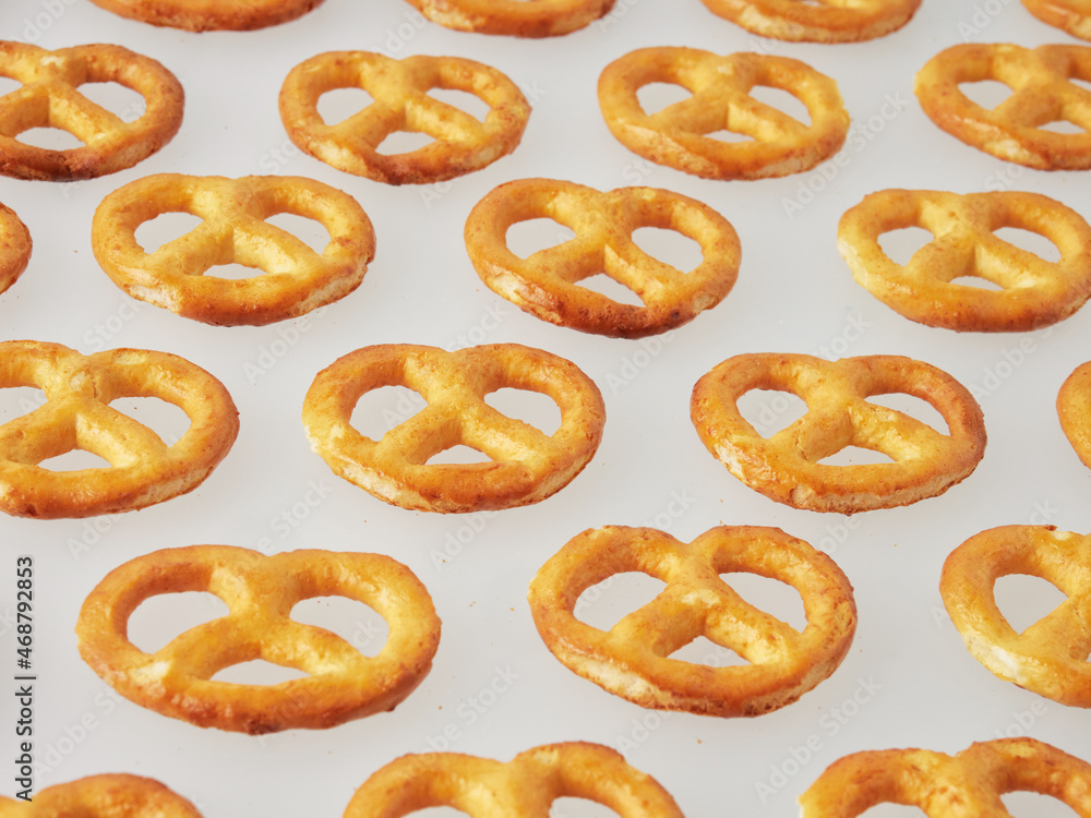 Pretzels isolated on white background. Flat lay. Top view Pretzels isolated on white background. Flat lay. Top view