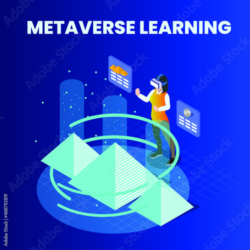 Metaverse virtual history school 3d isometric vector illustration concept for banner, website, landing page, ads, flyer template