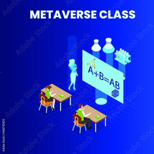 Metaverse virtual class learning math and chemistry 3d isometric vector illustration concept for banner, website, landing page, ads, flyer template