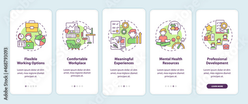 Employee benefits onboarding mobile app page screen. Workplace and environment walkthrough 5 steps graphic instructions with concepts. UI, UX, GUI vector template with linear color illustrations