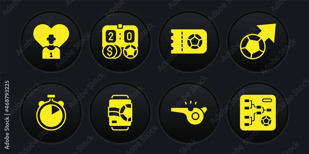 Set Stopwatch, Soccer football ball, Beer can, Whistle, Football or soccer ticket, betting money, Championship tournament bracket and player icon. Vector Set Stopwatch, Soccer football ball, Beer can, Whistle, Football or soccer ticket, betting money, Championship tournament bracket and player icon. Vector